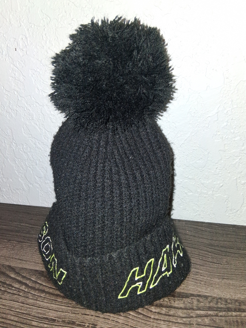 Harley Davidson Womens Pom Pom Beanie Hat Black Knit Cuffed One Size